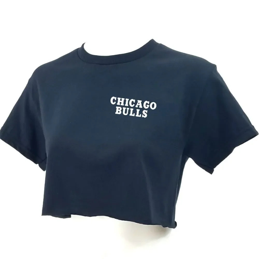 CHICAGO BULLS Classic Vintage Logo Black Cropped Crop Top Basketball Jersey Tee - Picture 3 of 6
